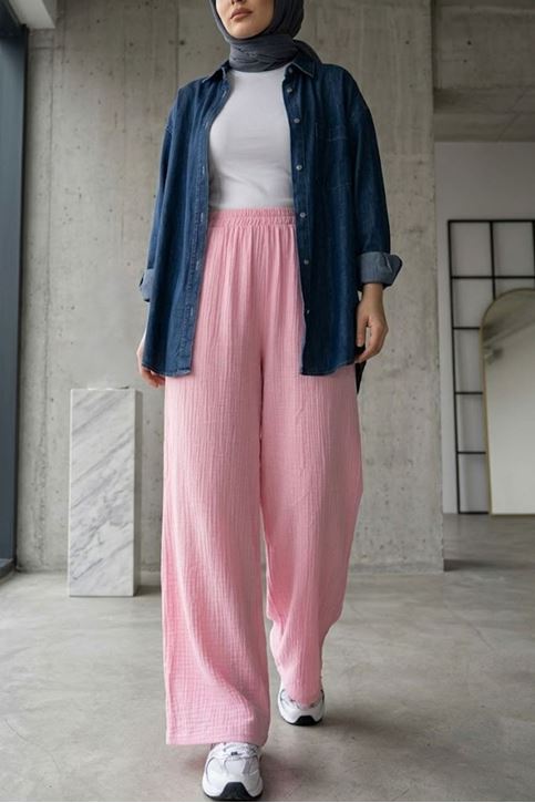 Kadın Beli Lastikli Muslin Kumaş Bol Paça Kadın Pembe Pantolon 