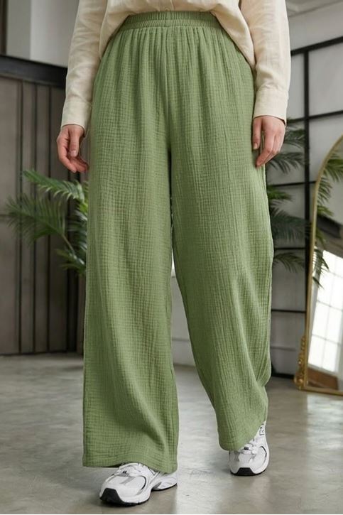 Kadın Beli Lastikli Muslin Kumaş Bol Paça Kadın Mint Yeşil Pantolon 