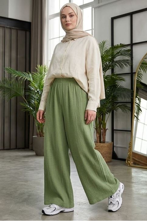 Kadın Beli Lastikli Muslin Kumaş Bol Paça Kadın Mint Yeşil Pantolon 