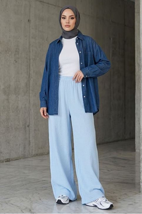 Kadın Beli Lastikli Muslin Kumaş Bol Paça Kadın Mavi Pantolon 