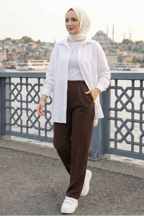 Kadın Bel Lastik Düz Paça Kahve Pantolon 