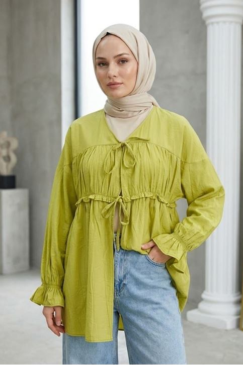 Kadın Ön Büzgülü Detaylı Kol Lastikli Bağlamalı Tesettür Yağ Yeşili Kimono Hırka Tunik