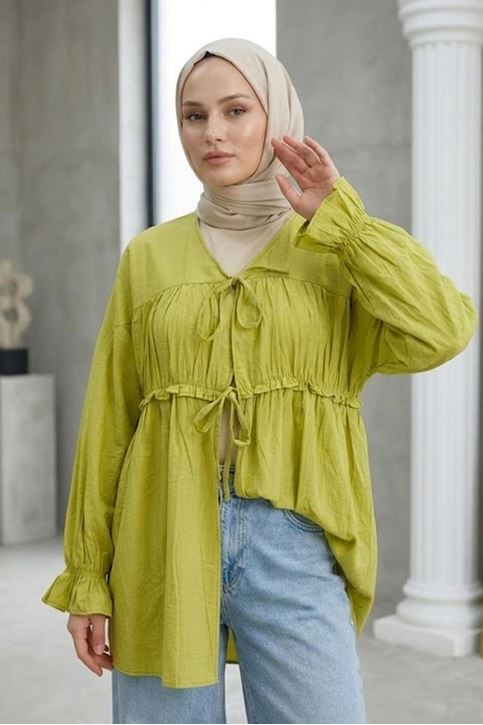 Kadın Ön Büzgülü Detaylı Kol Lastikli Bağlamalı Tesettür Yağ Yeşili Kimono Hırka Tunik