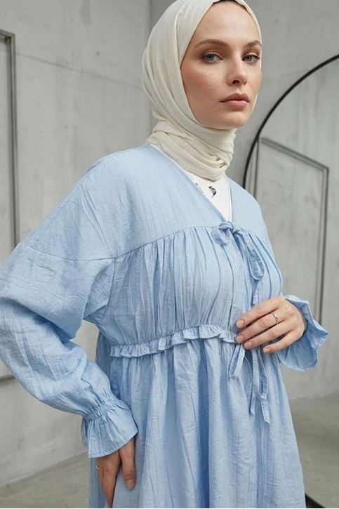 Kadın Ön Büzgülü Detaylı Kol Lastikli Bağlamalı Tesettür Mavi Kimono Hırka Tunik