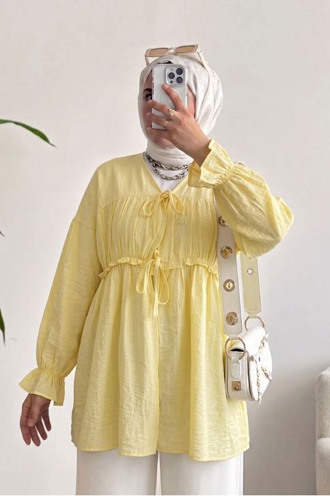 Kadın Ön Büzgülü Detaylı Kol Lastikli Bağlamalı Tesettür Sarı Kimono Hırka Tunik