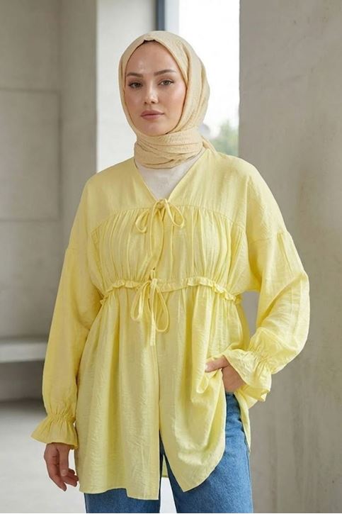 Kadın Ön Büzgülü Detaylı Kol Lastikli Bağlamalı Tesettür Sarı Kimono Hırka Tunik