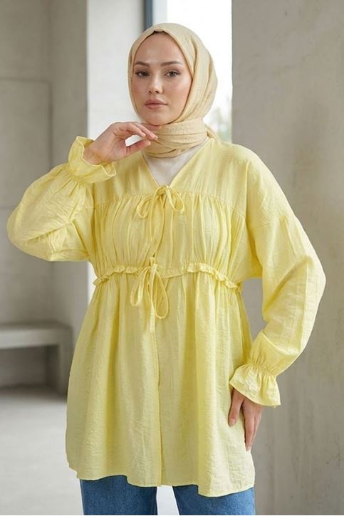 Kadın Ön Büzgülü Detaylı Kol Lastikli Bağlamalı Tesettür Sarı Kimono Hırka Tunik