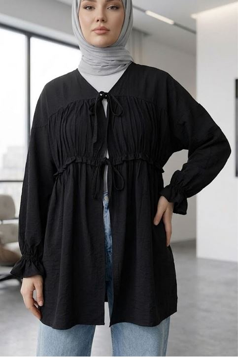 Kadın Ön Büzgülü Detaylı Kol Lastikli Bağlamalı Tesettür Siyah Kimono Hırka Tunik
