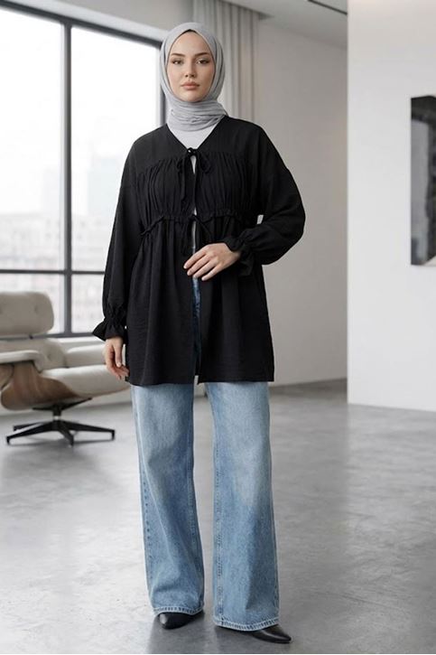 Kadın Ön Büzgülü Detaylı Kol Lastikli Bağlamalı Tesettür Siyah Kimono Hırka Tunik