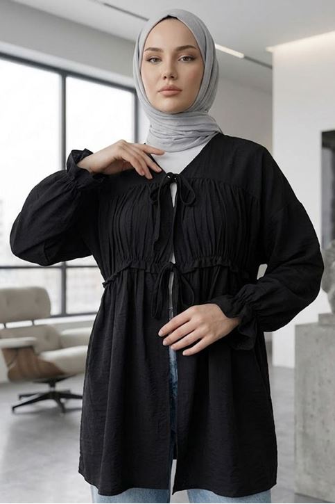 Kadın Ön Büzgülü Detaylı Kol Lastikli Bağlamalı Tesettür Siyah Kimono Hırka Tunik