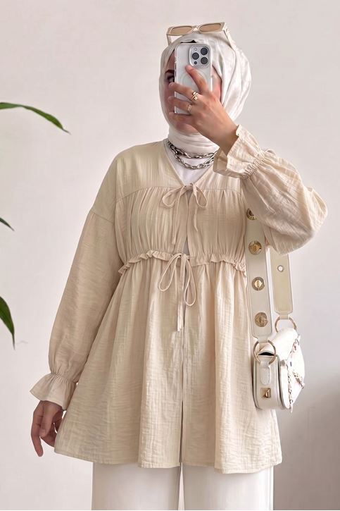 Kadın Ön Büzgülü Detaylı Kol Lastikli Bağlamalı Tesettür Taş Kimono Hırka Tunik