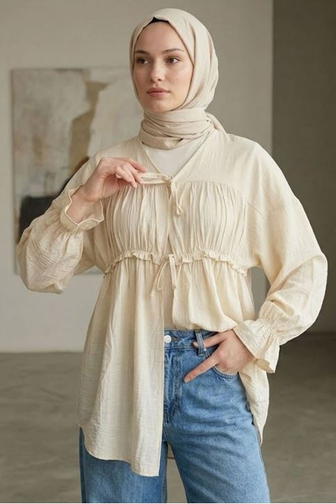Kadın Ön Büzgülü Detaylı Kol Lastikli Bağlamalı Tesettür Taş Kimono Hırka Tunik