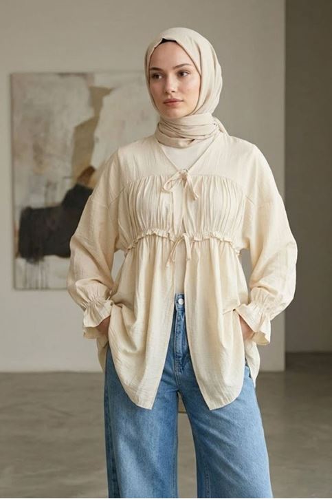 Kadın Ön Büzgülü Detaylı Kol Lastikli Bağlamalı Tesettür Taş Kimono Hırka Tunik