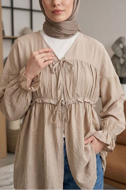 Kadın Ön Büzgülü Detaylı Kol Lastikli Bağlamalı Tesettür Vizon Kimono Hırka Tunik