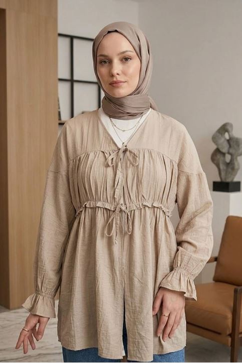 Kadın Ön Büzgülü Detaylı Kol Lastikli Bağlamalı Tesettür Vizon Kimono Hırka Tunik