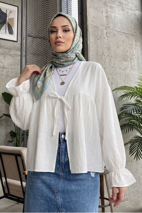 Kadın Roba Büzgülü Kol Lastik İnce Çilek Kumaş  Yazlık Trend Tesettür Ekru Kimono Hırka Tunik