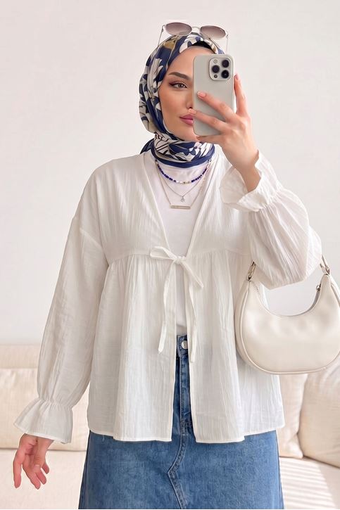 Kadın Roba Büzgülü Kol Lastik İnce Çilek Kumaş  Yazlık Trend Tesettür Ekru Kimono Hırka Tunik