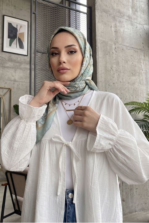 Kadın Roba Büzgülü Kol Lastik İnce Çilek Kumaş  Yazlık Trend Tesettür Ekru Kimono Hırka Tunik