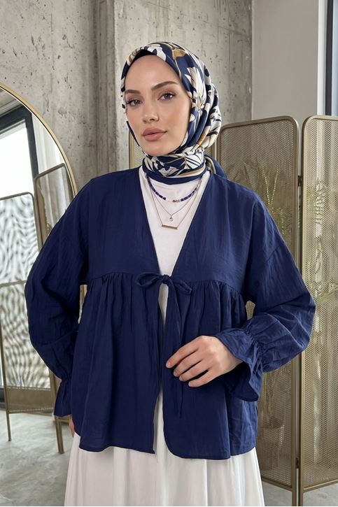 Kadın Roba Büzgülü Kol Lastik İnce Çilek Kumaş  Yazlık Trend Tesettür Lacivert Kimono Hırka Tunik