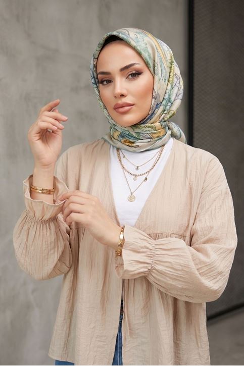 Kadın Roba Büzgülü Kol Lastik İnce Çilek Kumaş  Yazlık Trend Tesettür Bej Kimono Hırka Tunik