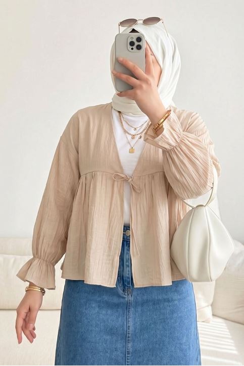 Kadın Roba Büzgülü Kol Lastik İnce Çilek Kumaş  Yazlık Trend Tesettür Bej Kimono Hırka Tunik