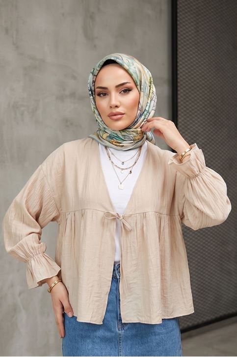 Kadın Roba Büzgülü Kol Lastik İnce Çilek Kumaş  Yazlık Trend Tesettür Bej Kimono Hırka Tunik