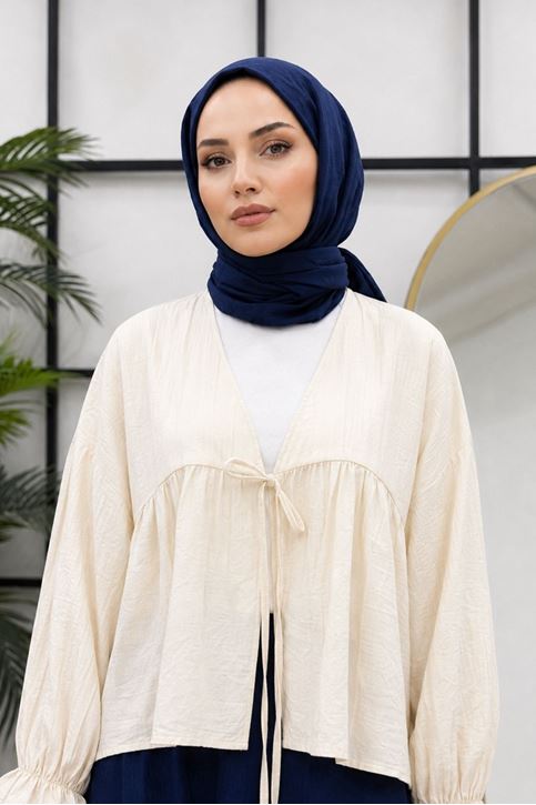 Kadın Roba Büzgülü Kol Lastik İnce Çilek Kumaş  Yazlık Trend Tesettür Taş Kimono Hırka Tunik