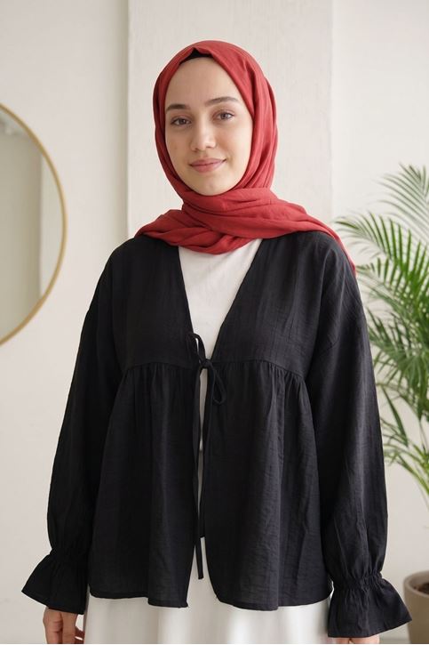 Kadın Roba Büzgülü Kol Lastik İnce Çilek Kumaş  Yazlık Trend Tesettür Siyah Kimono Hırka Tunik