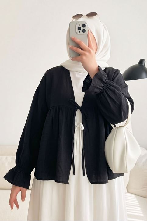 Kadın Roba Büzgülü Kol Lastik İnce Çilek Kumaş  Yazlık Trend Tesettür Siyah Kimono Hırka Tunik