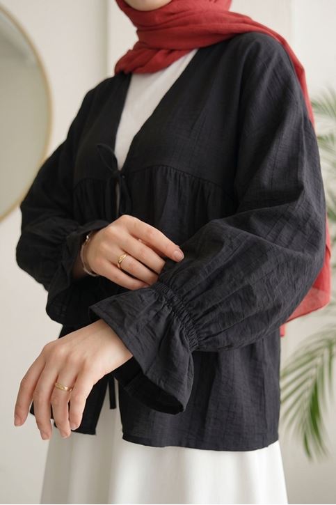 Kadın Roba Büzgülü Kol Lastik İnce Çilek Kumaş  Yazlık Trend Tesettür Siyah Kimono Hırka Tunik