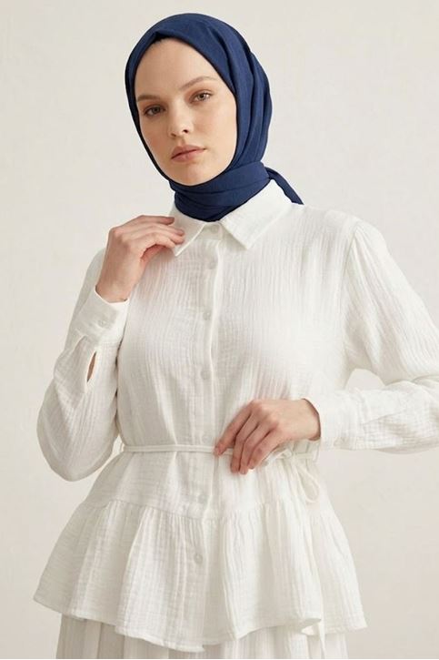 Trend Tesettür Ekru Müslin Etekli Takım Yazlık Şık ve Rahat İkili Takım Günlük ve Özel Günler İçin Şık Kombin
