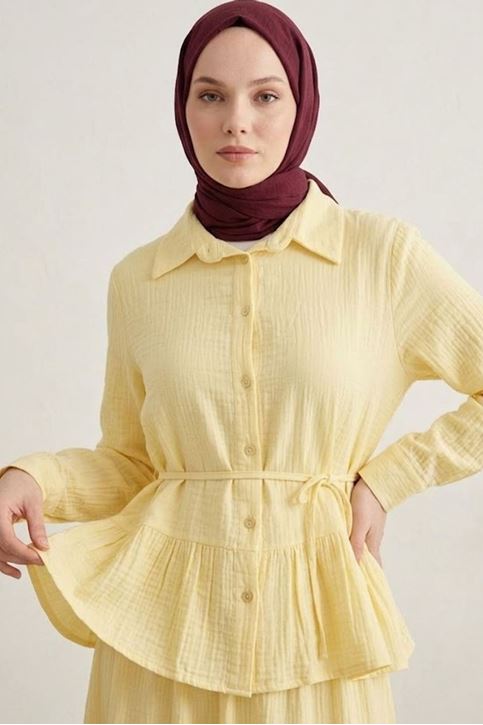 Trend Tesettür Sarı Müslin Etekli Takım Yazlık Şık ve Rahat İkili Takım Günlük ve Özel Günler İçin Şık Kombin