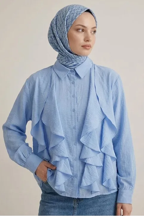 Trend Tesettür Mavi Fırfırlı Gömlek Yaka Bluz Önü Volanlı Düğmeli Şık ve Günlük Yazlık Tesettür Tunik Bluz
