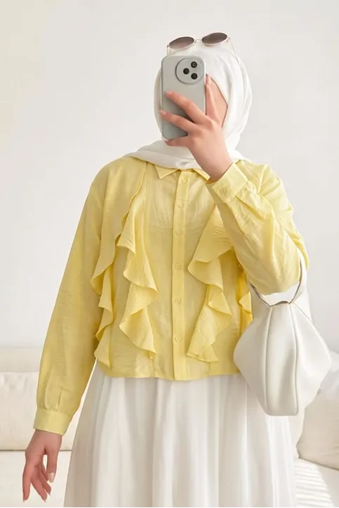 Trend Tesettür Sarı Fırfırlı Gömlek Yaka Bluz Önü Volanlı Düğmeli Şık ve Günlük Yazlık Tesettür Tunik Bluz