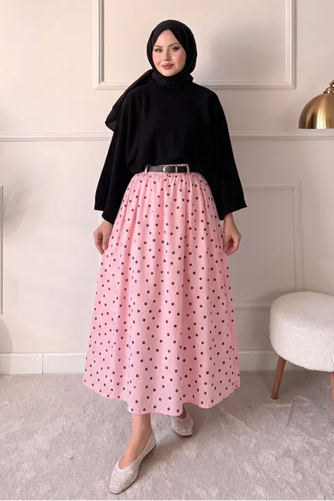 Kadın Trend Tesettür Puantiyeli Uzun Etek Pembe Kemerli Yüksek Bel Kloş Şık ve Günlük Etek