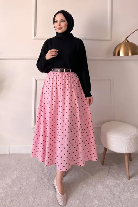 Kadın Trend Tesettür Puantiyeli Uzun Etek Pembe Kemerli Yüksek Bel Kloş Şık ve Günlük Etek