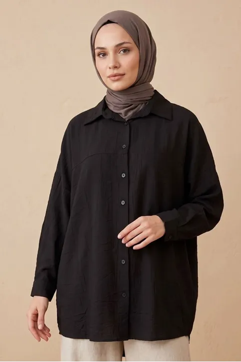 Kadın Siyah Çilek Kumaş Trend Tesettür Tunik Düğmeli 78 CM Oversize Dökümlü Rahat Gömlek Tunik