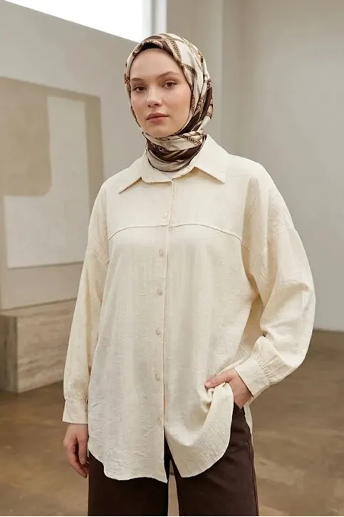 Kadın Taş Çilek Kumaş Trend Tesettür Tunik Düğmeli 78 CM Oversize Dökümlü Rahat Gömlek Tunik