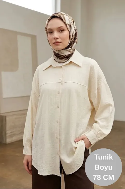 Kadın Taş Çilek Kumaş Trend Tesettür Tunik Düğmeli 78 CM Oversize Dökümlü Rahat Gömlek Tunik
