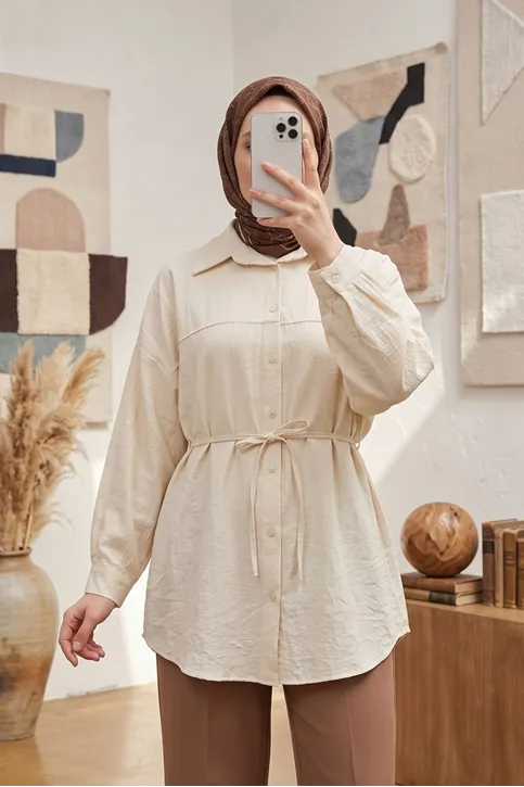 Kadın Taş Çilek Kumaş Trend Tesettür Tunik Düğmeli 78 CM Oversize Dökümlü Rahat Gömlek Tunik