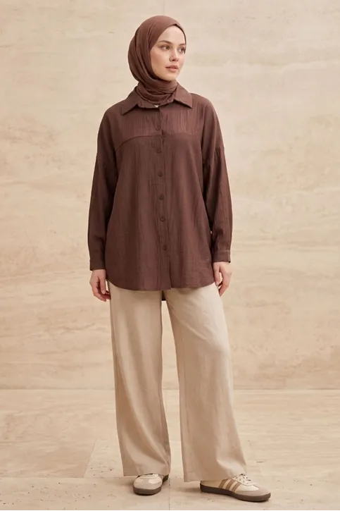Kadın Kahve Çilek Kumaş Trend Tesettür Tunik Düğmeli 78 CM Oversize Dökümlü Rahat Gömlek Tunik