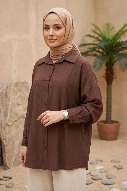 Kadın Kahve Çilek Kumaş Trend Tesettür Tunik Düğmeli 78 CM Oversize Dökümlü Rahat Gömlek Tunik
