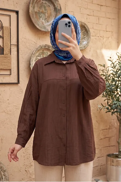 Kadın Kahve Çilek Kumaş Trend Tesettür Tunik Düğmeli 78 CM Oversize Dökümlü Rahat Gömlek Tunik