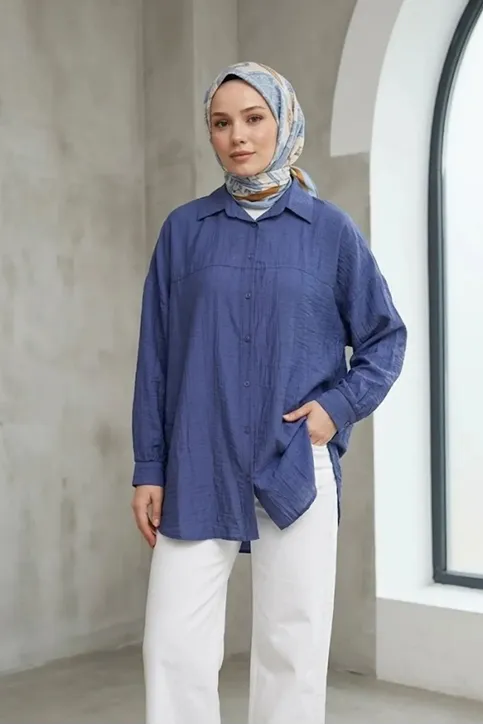 Kadın İndigo Çilek Kumaş Trend Tesettür Tunik Düğmeli 78 CM Oversize Dökümlü Rahat Gömlek Tunik