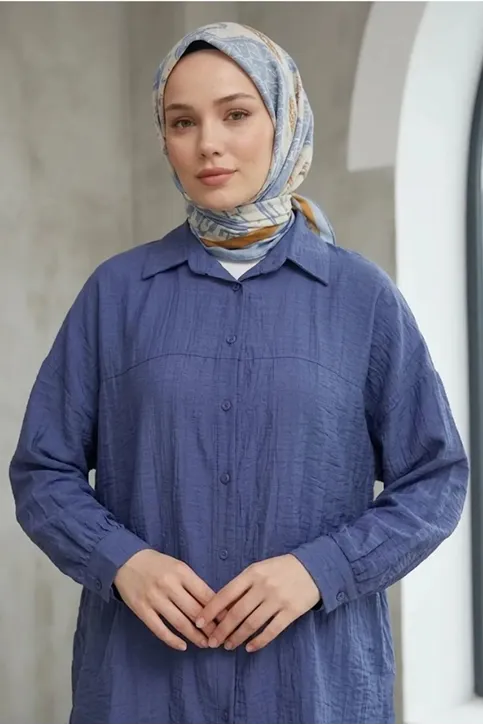 Kadın İndigo Çilek Kumaş Trend Tesettür Tunik Düğmeli 78 CM Oversize Dökümlü Rahat Gömlek Tunik