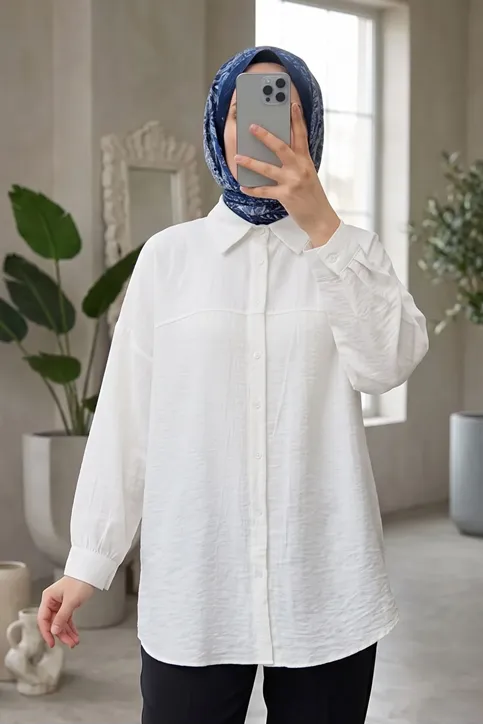 Kadın Ekru Çilek Kumaş Trend Tesettür Tunik Düğmeli 78 CM Oversize Dökümlü Rahat Gömlek Tunik