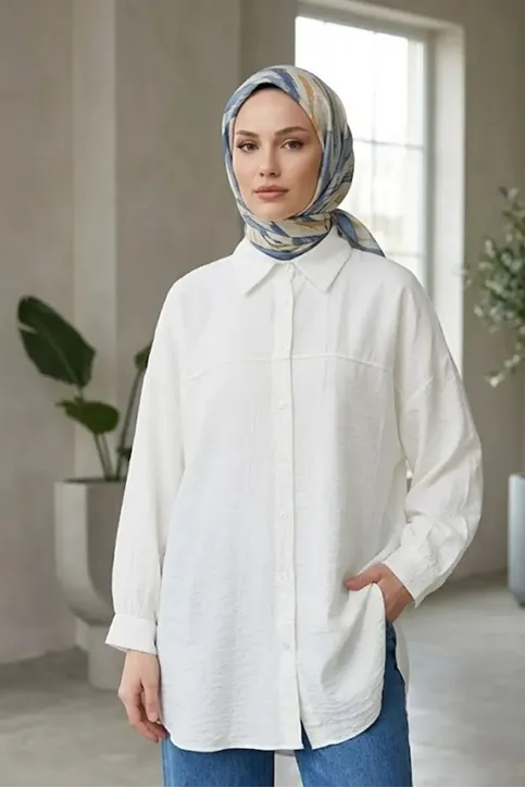 Kadın Ekru Çilek Kumaş Trend Tesettür Tunik Düğmeli 78 CM Oversize Dökümlü Rahat Gömlek Tunik