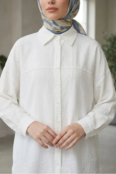 Kadın Ekru Çilek Kumaş Trend Tesettür Tunik Düğmeli 78 CM Oversize Dökümlü Rahat Gömlek Tunik
