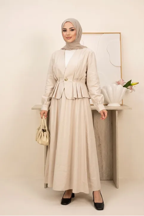Kadın Taş Modal Kumaş Peplum Ceketli Etekli İkili Takım Tesettür Etek Ceket Takım