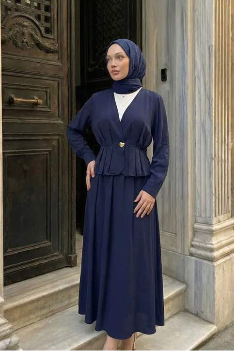 Kadın Lacivert Modal Kumaş Peplum Ceketli Etekli İkili Takım Tesettür Etek Ceket Takım